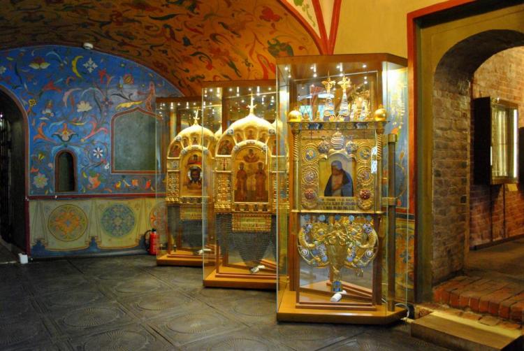 Picture: Religious paintings, known as icons, inside Saint Basil's Cathedral in Moscow